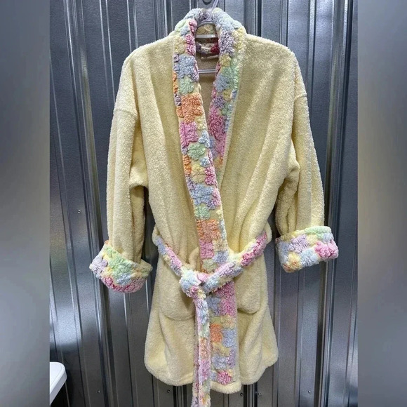 Aegean Floral Fleece Robe Blue Yellow Bath Pastel One Size Soft‎ OS Winter Fall - Picture 1 of 10